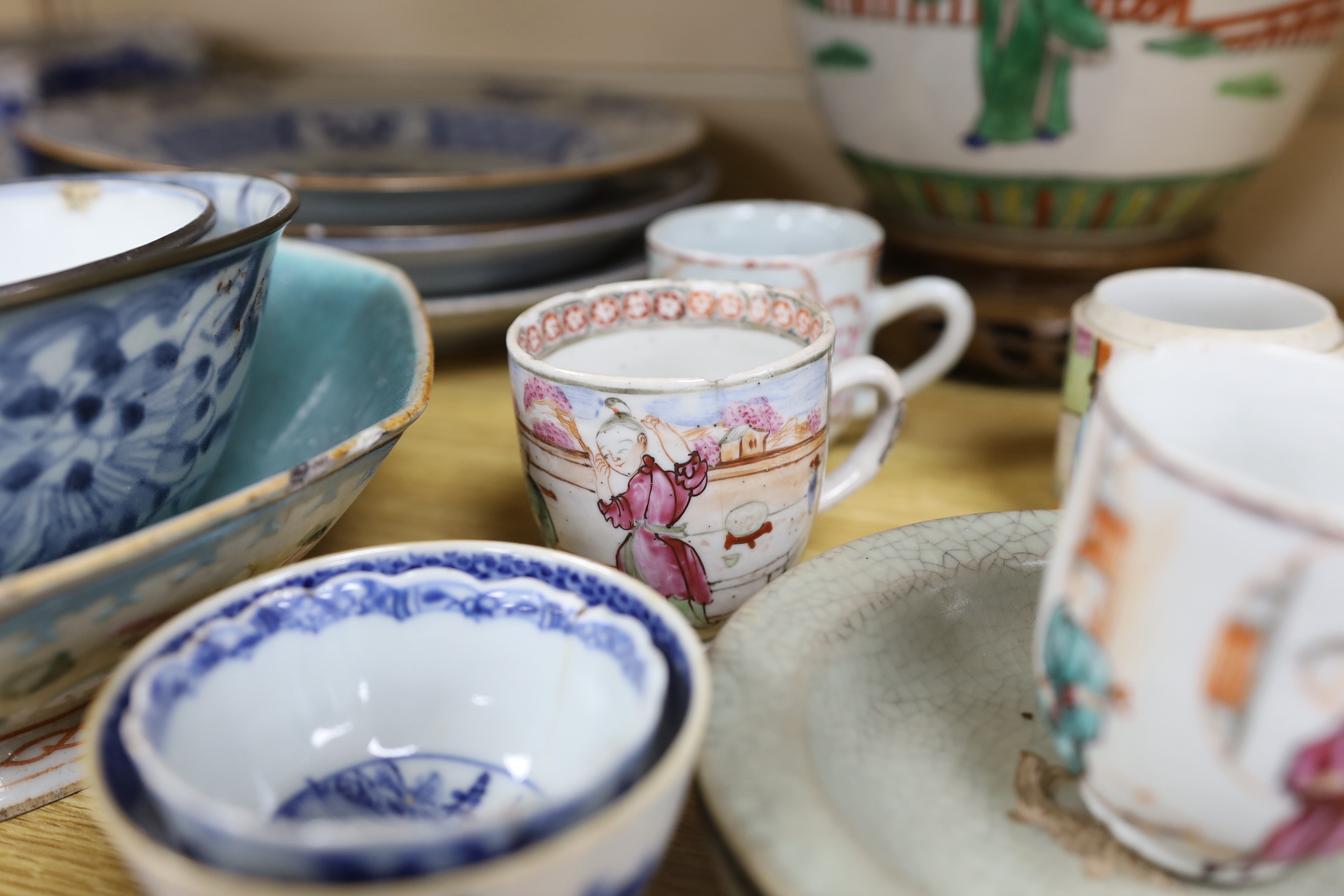 A group of Chinese blue and white and enamelled porcelain jars, plates and bowls, 18th century and later, largest 26cm high